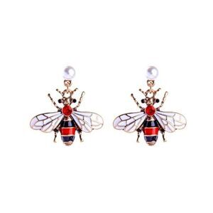 Red Enamel Glaze Bumble Bee Pearl Crystal Gold Statement Dangle Earrings
